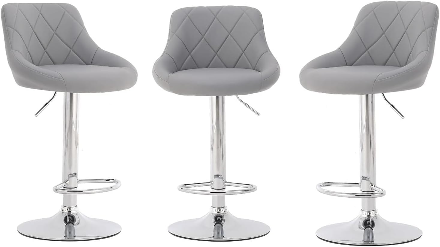 CROWNSHOP Modern Bar Stools Set 3pcs Leatherette Exterior Adjustable Swivel Gas Lift Chrome Footrest and Base for Breakfast Bar Counter Kitchen and Home Barstools Silver Grey