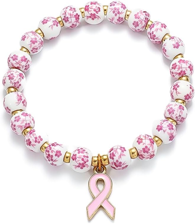 Breast Cancer Bracelets Pink Ribbon Charm Flower Beaded Wrist Bracelets for Women Cancer Awareness Accessories Care Gift