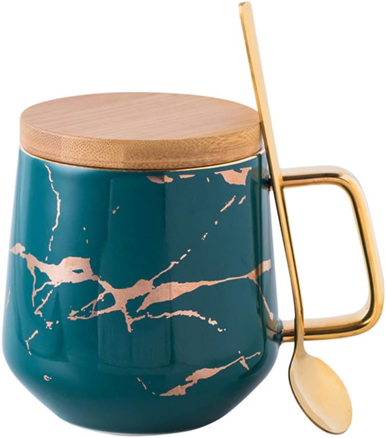 Eplze YBK Tech Porcelain Tea Cup Coffee Mug Set for Afternoon Tea - Marble Pattern (Green, Tall 400ml + Wood lid)