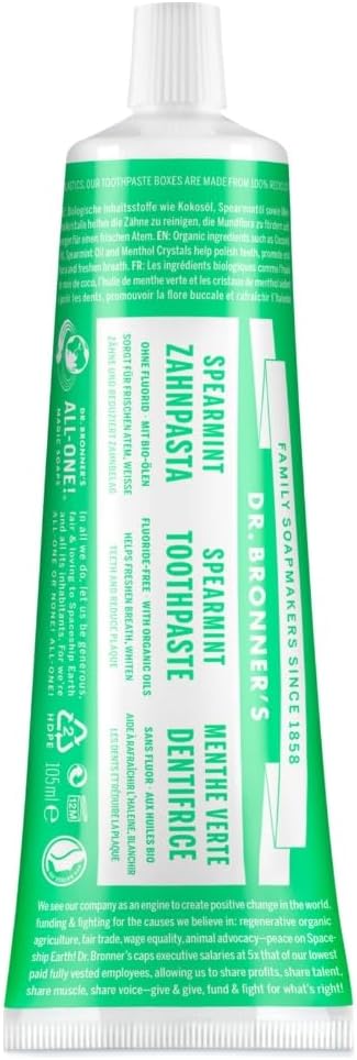 Dr Bronner's All One Spearmint Toothpaste, Made with Organic, Fluoride-Free Ingredients with No Artifical Colours, Flavours, Preservatives or Sweeteners, Vegan Friendly, 105ml Tube