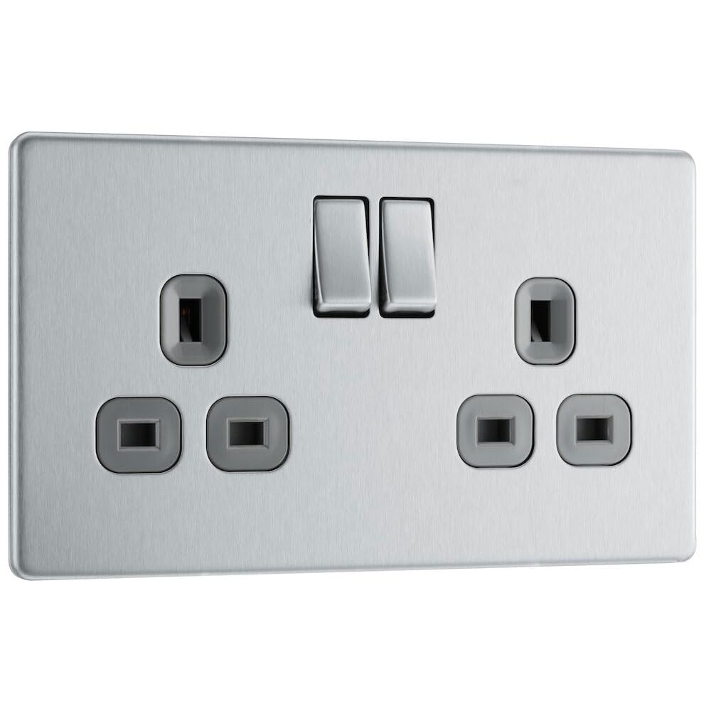 BG Electrical Double Switched Power Plug Wall Socket, Flatplate Screwless, Brushed Steel, Grey Inserts, 13A, FBS22G