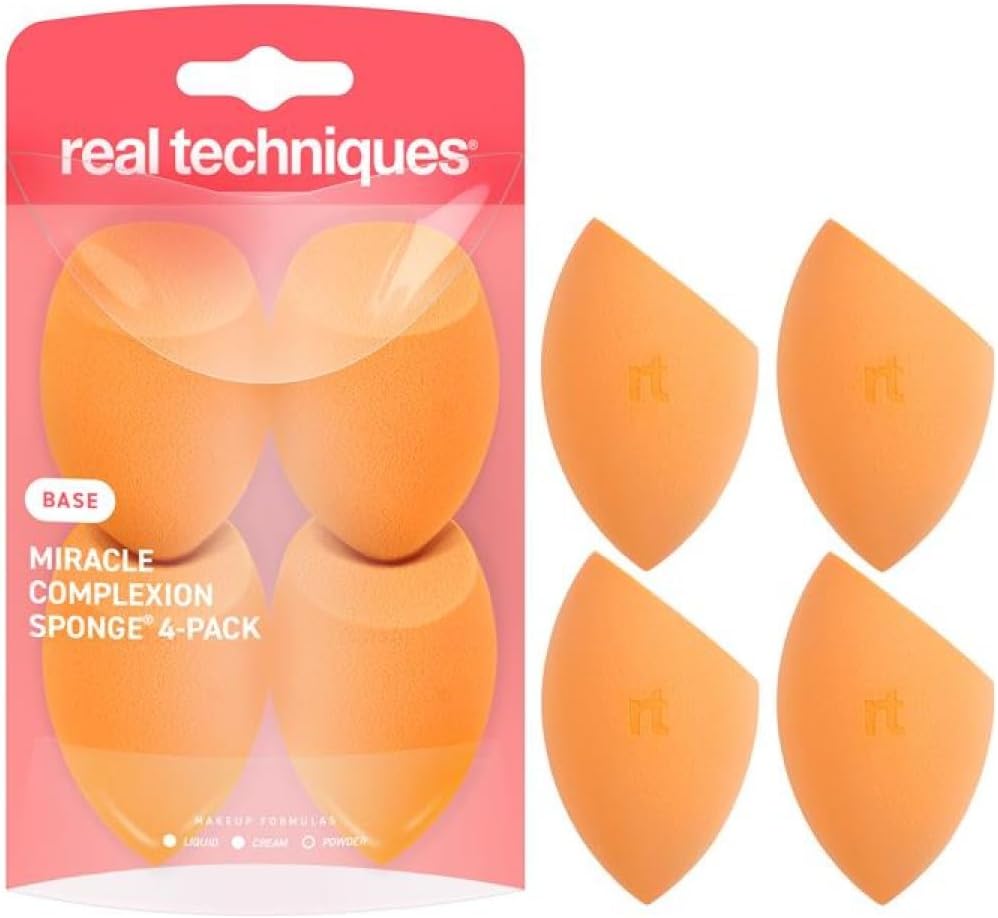 Real Techniques Miracle Complexion Sponge for Liquid & Cream Makeup, 3-Point Design for Seamless Application, Streak-Free Natural Dewy Finish, Latex-Free, Cruelty-Free, Vegan, Easy to Clean, Pack of 4