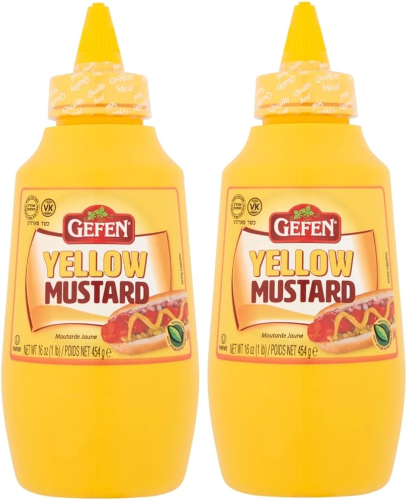 Gefen Yellow Mustard, American Style, Squeeze Bottle 454g (Pack of 2) Classic Sauce for BBQs, Hot Dogs, Burgers, Cooking, Sandwich Spread & Parties