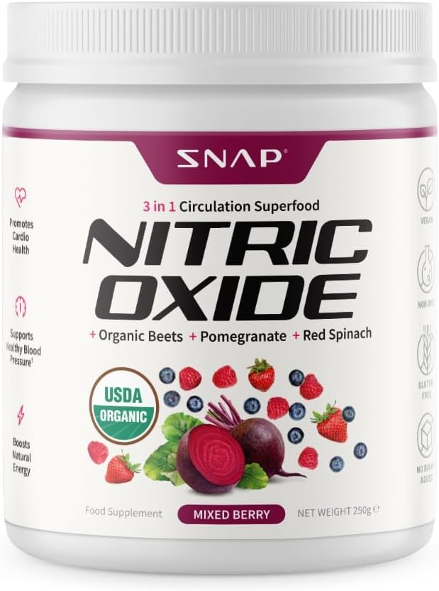Snap Supplements Organic Beet Root Powder, Nitric Oxide Supplements for Men & Women, Beets, Pomegranate, B Vitamins & Red Spinach, Energy, Heart Health & Circulation Support, 30 Servings, Mixed Berry