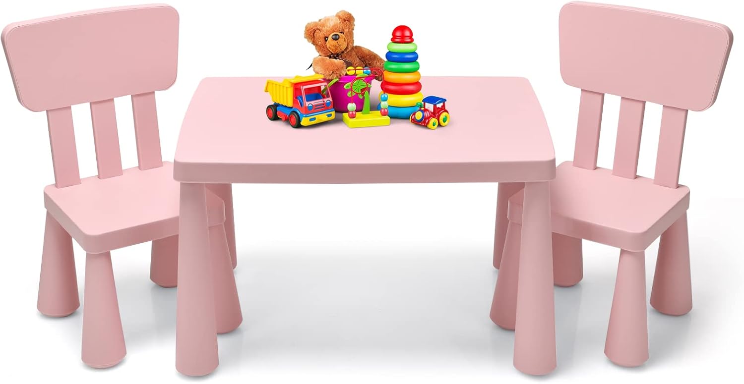 HONEY JOY Kids Table and Chair Set, Plastic Children Activity Table and 2 Chairs for Art Craft, Easy-Clean Tabletop, 3-Piece Toddler Furniture Set for Daycare Playroom, Gift for Boys Girls(Pink)