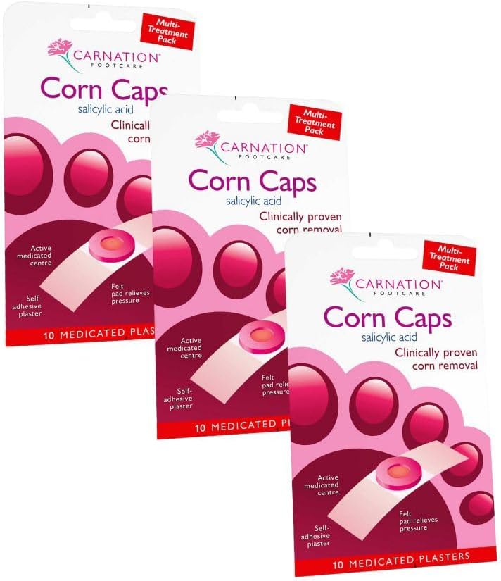 Carnation Footcare Corn Caps x 3 pack, (30 caps in total) all-in-one, Salicylic Acid paste with soft felt corn ring. Relieves pressure and pain. One step application.