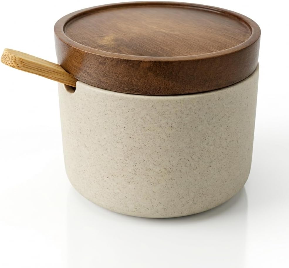 Handmade Ceramic Salt Cellar with Acacia Wood Lid & Spoon - 3.5" Wide Mouth Kitchen Jar for Salt, Spices, Sugar, Pepper - Modern Countertop Storage Container, Keeps Seasonings Dry, Elegant Home Decor