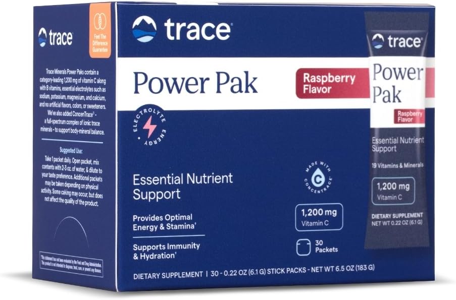 Trace Minerals Power Pak - Daily Health Support Supplement with Vitamins & Minerals - Power Packet Aids Immune Health & Hydration - Mix Powder Supports Bodily Functions - Raspberry (30 Servings)