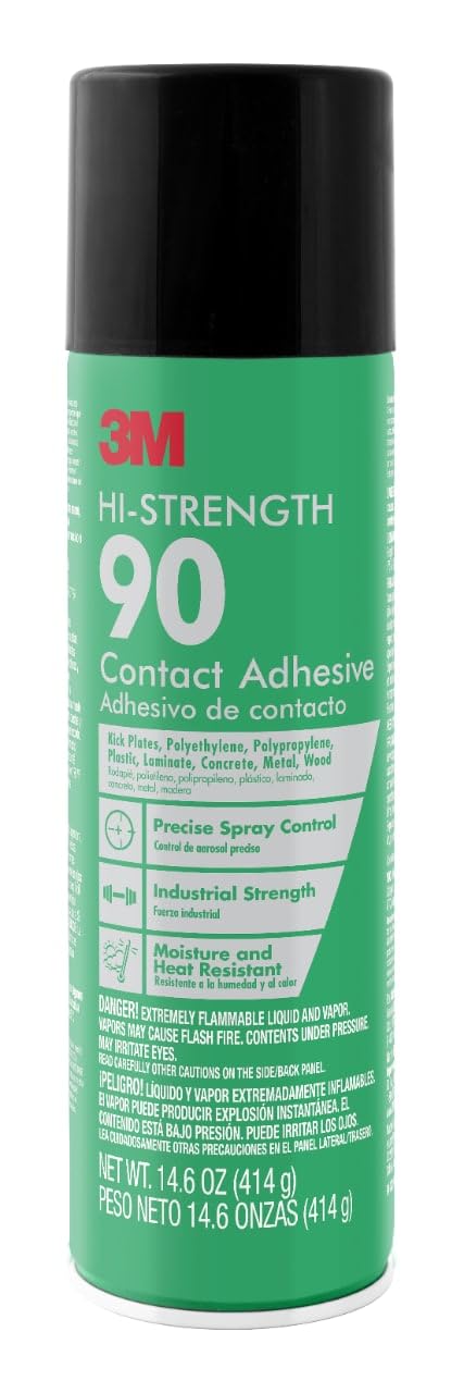 3M Hi-Strength Spray Adhesive 90, 14.6 oz., Industrial Strenght Spray Glue, Dries Clear, Use on Rubber, Glass, Metal, Wood, Foam, Plastic, Cardboard, Fiberglass Insulation, Drywall, and More (90-DSC)