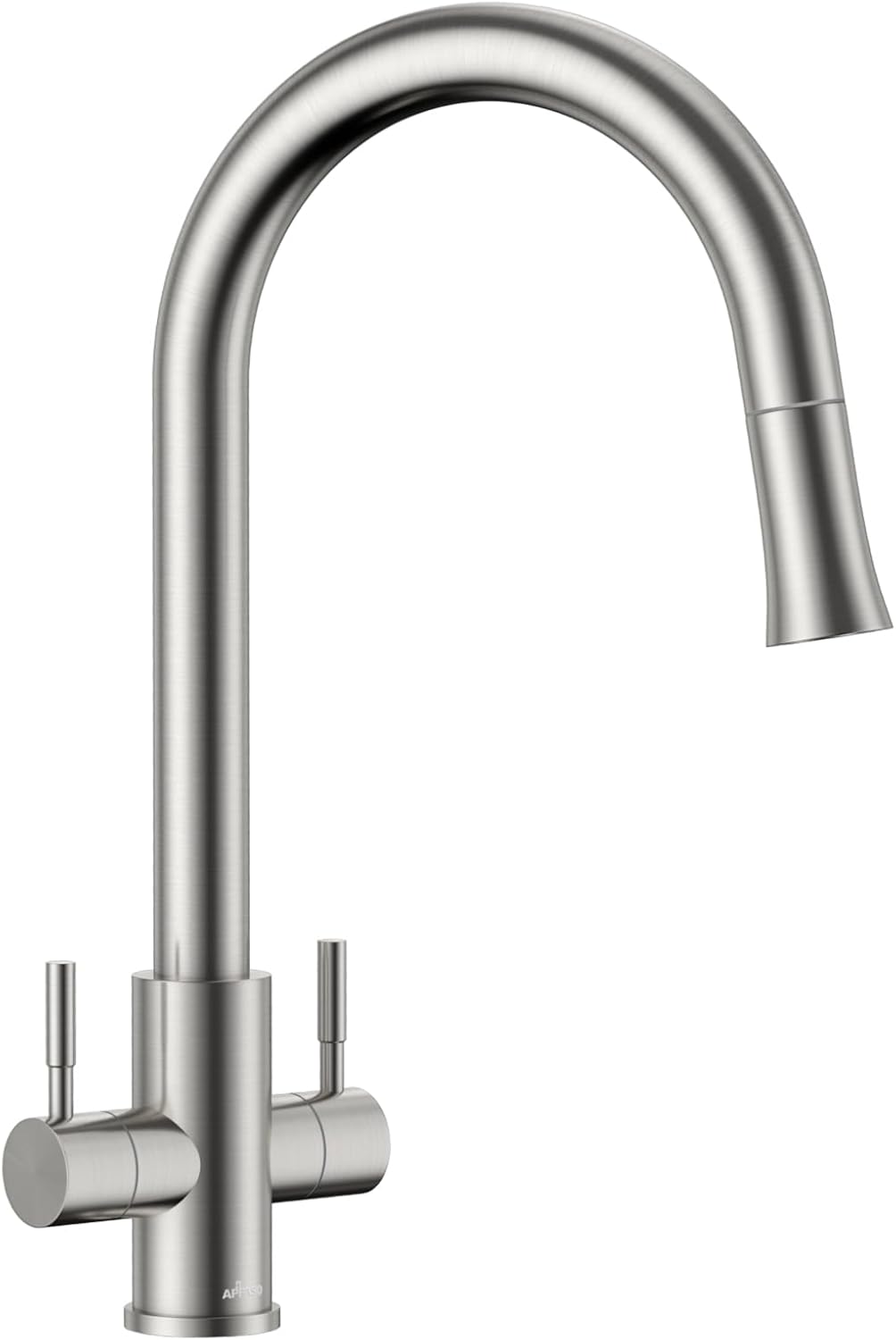 APPASO Kitchen Tap Dual Lever, 2 Handles Monobloc Sink Mixer Taps 1 Hole with Pull Out Sprayer 1 Mode S304 Stainless Steel Sprayhead, High Arch Mono Kitchen Faucet Twin Lever, Brushed Stainless Steel