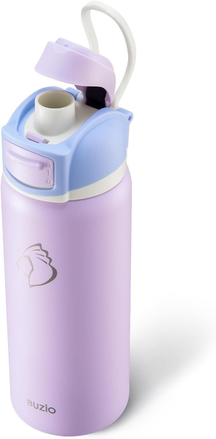 BUZIO Insulated Stainless Steel Water Bottle 1L with Flex Cap, Leakproof, Carry Loop, BPA-Free, Wide Mouth for Sports, Travel, Work, Light Purple