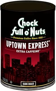 Chock Full o’Nuts Uptown Express Roast, Dark Roast Ground Coffee with Extra Caffeine – Gourmet Coffee Beans – Bold, Full-Bodied and Intense Coffee (10.5 Oz. Can)