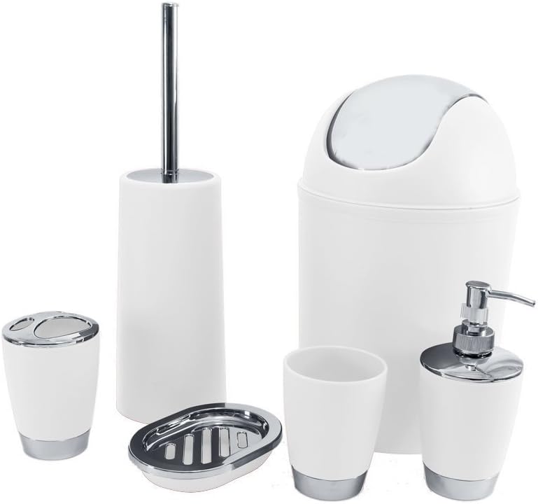 BATHROOM SET 6 PIECE ACCESSORY BIN SOAP DISH DISPENSER TUMBLER TOOTHBRUSH HOLDER (WHITE)