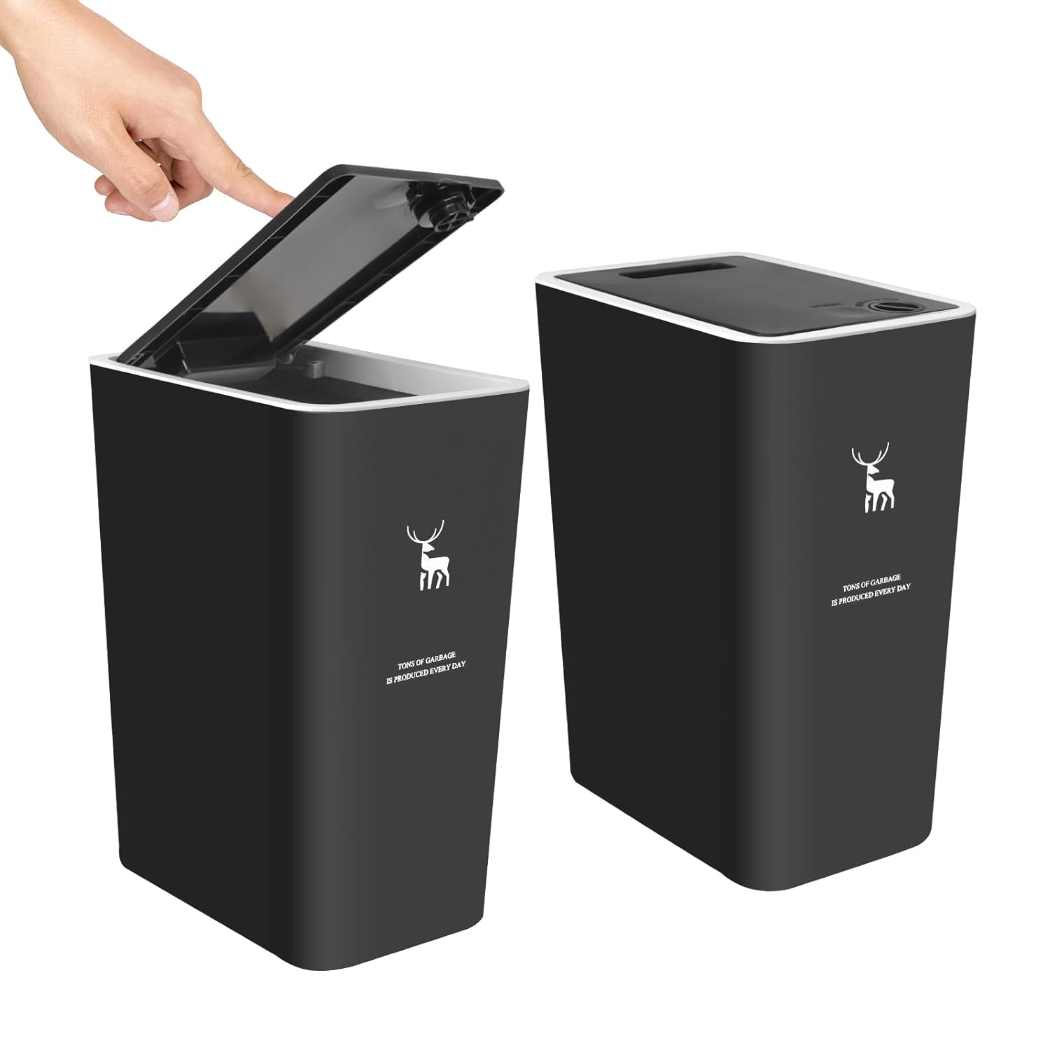 XPIY Trash Can with Lid, 2 Pack 4 Gallons/15 Liters Garbage Can with Press Top, Small Trash Can Dog Proof, Plastic Trash Bin, Waste Basket for Bathroom|Kitchen|Bedroom|Office (2, Black)