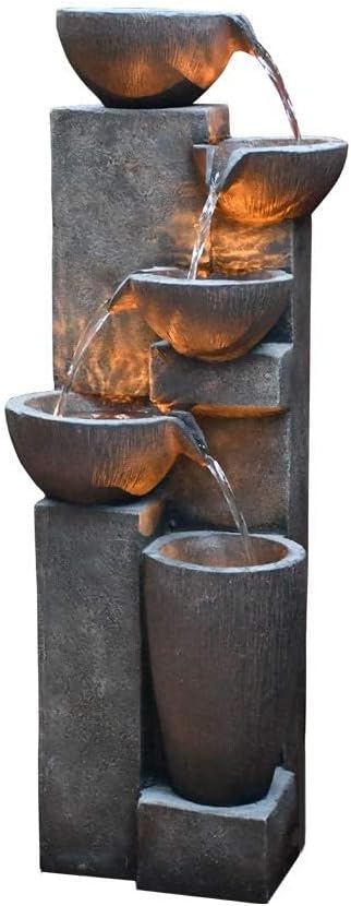 SunJet 5-Tier Outdoor Water Fountain Resin Fountain Decor with LED Lighting Natural Polyresin Looking Stone Decor for Garden Patio Fold Court Yard Deck 12.99" L x 13.78" W x 39.76" H