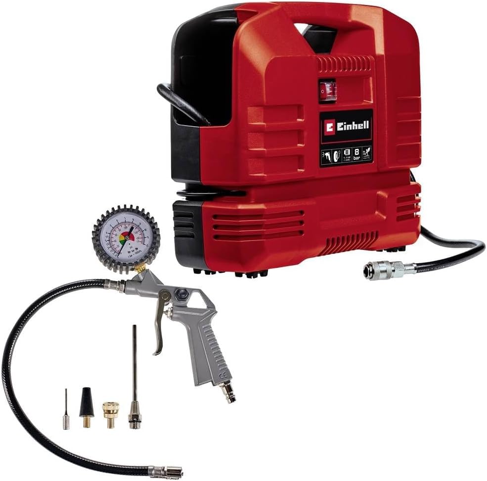 Einhell Portable Oil-Free Air Compressor with Gun - 8 Bar, 116 PSI, 240V, 1100W Service-Free Motor, 3m Hose - TC-AC 190 of Small Compressor for Workshops with 3 Year Warranty