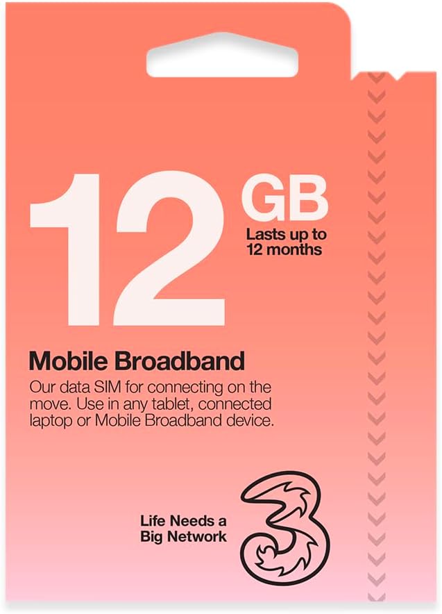Three Mobile Pay As You Go Mobile Broadband 12 GB data SIM