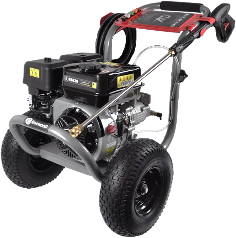 Petrol Pressure Washer RocwooD RS820 Max 4800PSI 4 Stroke Engine 9.5L/min 7HP Recoil Start 3.6L Fuel Capacity 10m Hose 212cc Engine 5 x Quick Connector Nozzles