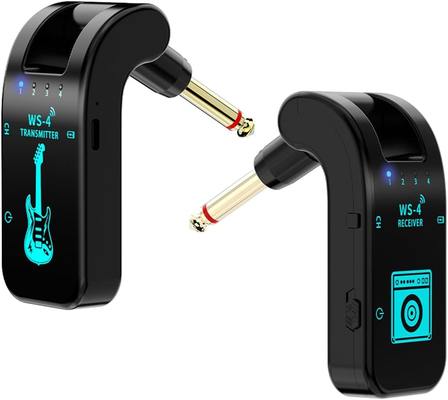 Wireless Guitar System 2.4 GHz with 8 Channels Rechargeable Audio Wireless Guitar Transmitter Receiver for Electric Guitar Bass Electric Wind Instruments,48K/16bit Real-time Transmissio