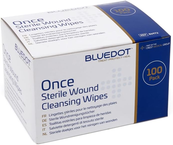 Blue Dot Sterile Saline Wipes 100 Pack: Alcohol-Free, Gentle & Hygienic: Wound Cleansing, Eye Wipes, First Aid, Piercings, Tattoo Aftercare, Hearing Aid Cleaning Kits & Post Procedure Care