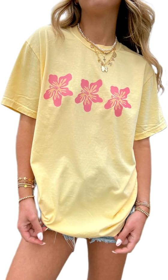 Oversized Graphic Shirt for Teens Girl Y2K Ocean Floral Short Sleeve Baggy Tee Shirts Vintage Aesthetic Coastal Tops