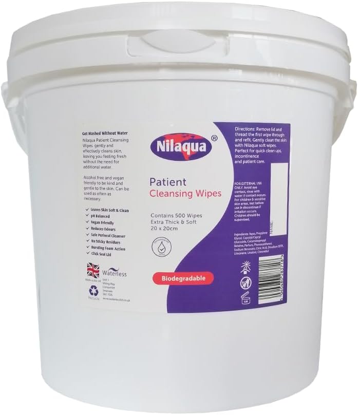 Nilaqua Biodegradable Patient 500pk Wipes Tub - Body Cleansing Wipes for Elderly, Thick, Strong, ECO Wet Wipes for Adults Personal Care, Full Body No Water Required, 200mm x 200mm