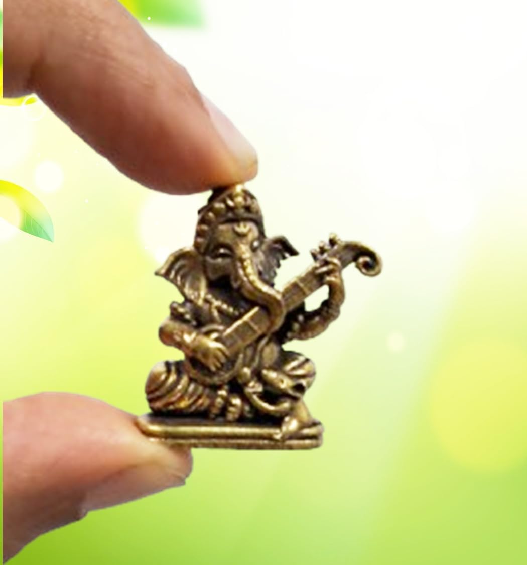 Purpledip Rare Miniature Brass Idol Ganesha Playing Sitar Or Veena: Collectible Statue with Detailed Very Fine Workmanship (12698Z11)