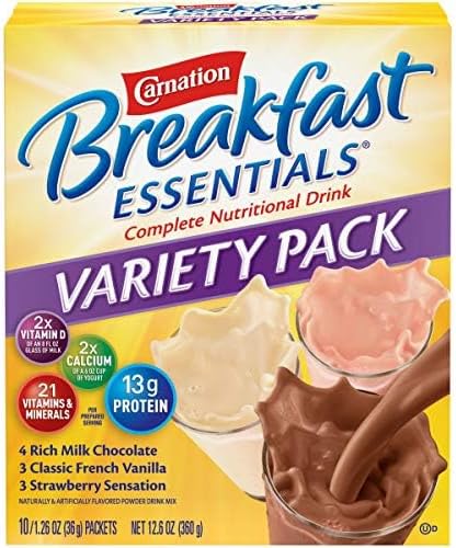 Nestle Carnation Breakfast Essentials Complete Nutritional Drink Rich Milk Chocolate / Classic French Vanilla / Strawberry Sensation Flavor 10 Ct