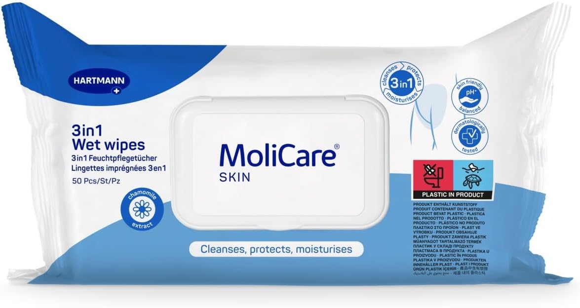 MoliCare Skin 3in1 Wet Wipes for Adults, Fresh Body wash Wipes for Cleaning, Protecting and moisturizing - Also Suitable for Intimate Area and Skin Stressed by Incontinence, 50 Pieces