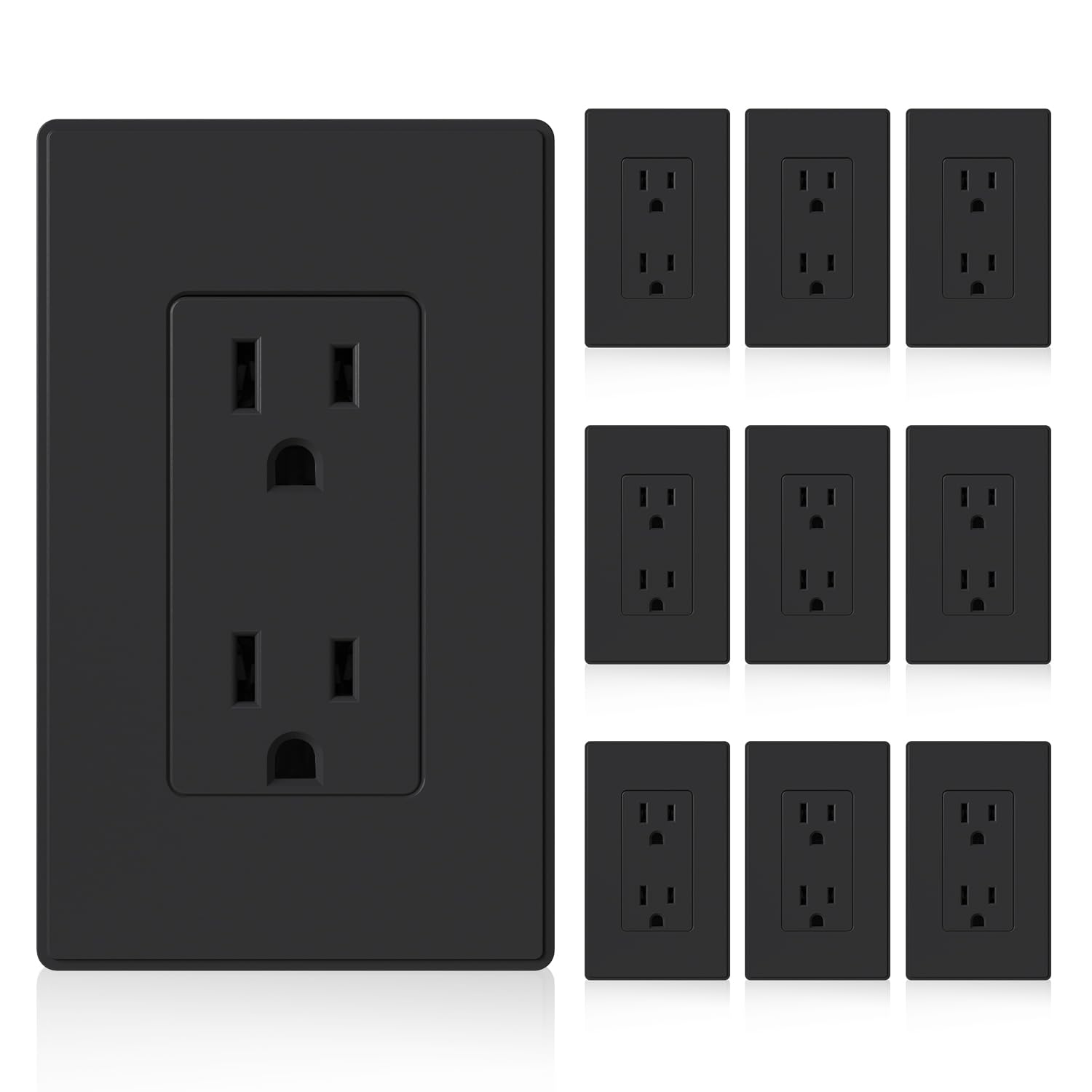 ELEGRP Matte Black Standard Decorator Electrical Wall Receptacle Outlet, 15A 125V, 2 Pole 3 Wire, Non- Tamper Resistant, NEMA 5-15R, Self-Grounding, Wall Plate Included, UL Listed, 10 Pack