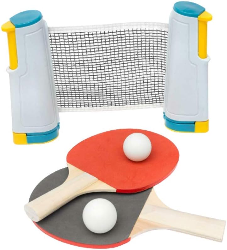 B4E Portable Table Tennis Set with 2 Ping-Pong Balls and 2 High-Performance Bats | Lightweight and Compact Instant Retractable Net | Ideal for Home, Kitchen, and Office Table Use | Travel Friendly