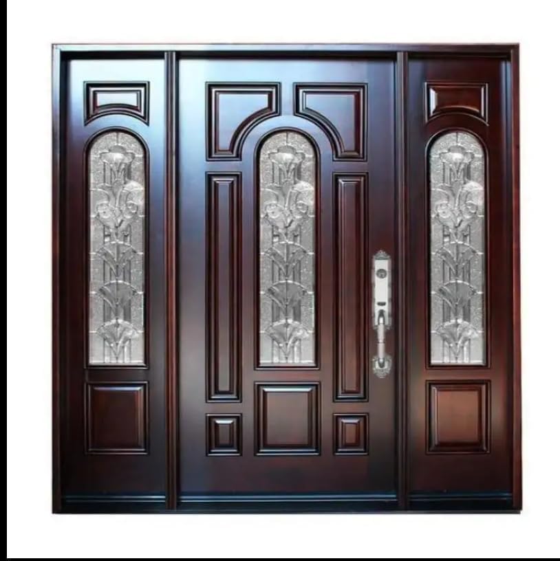 S.E.Q quick.simple.easy Modern Solid Wood Entrance Door with Arched Glass and Side Panels, Mahogany, 36"x80", Right-Hand Swing, Pre-Hung, Pre-Finished, 15kg, 91.44cm W x 203.2cm H x 5cm Thick