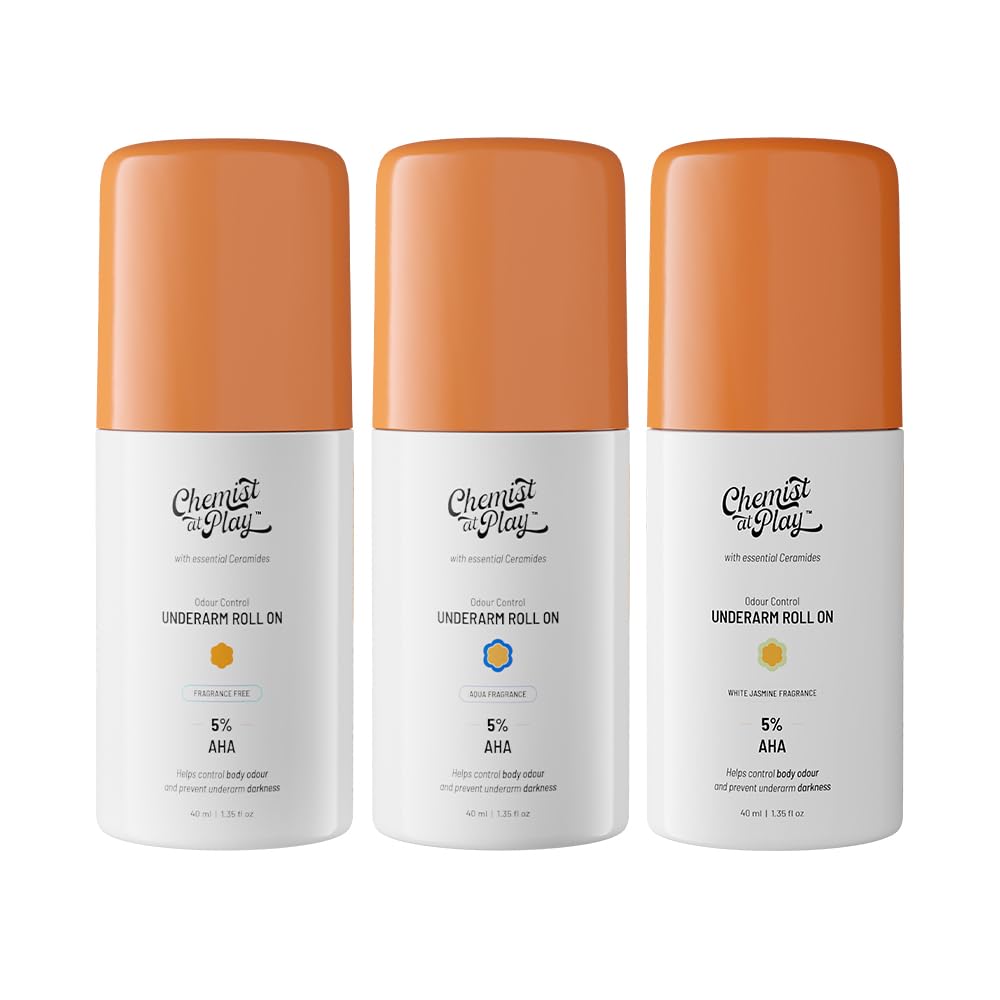 Chemist at Play Bright & Fresh Underarm Trio| 3 Variants of Roll On- Aqua, Jasmine & Fragrance-Free| Controls Odor| Treats Pigmentation| Keeps Underarm Fresh All Day| 40 ml each