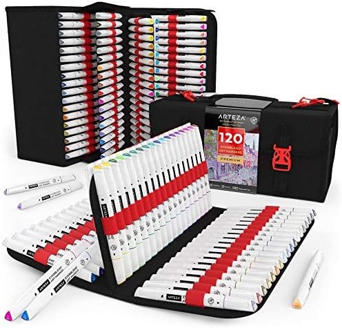 ARTEZA Art Alcohol Markers Set of 120 Colors, EverBlend Dual Tip Markers with 144-Slot Organizer, Fine and Broad Chisel Nib