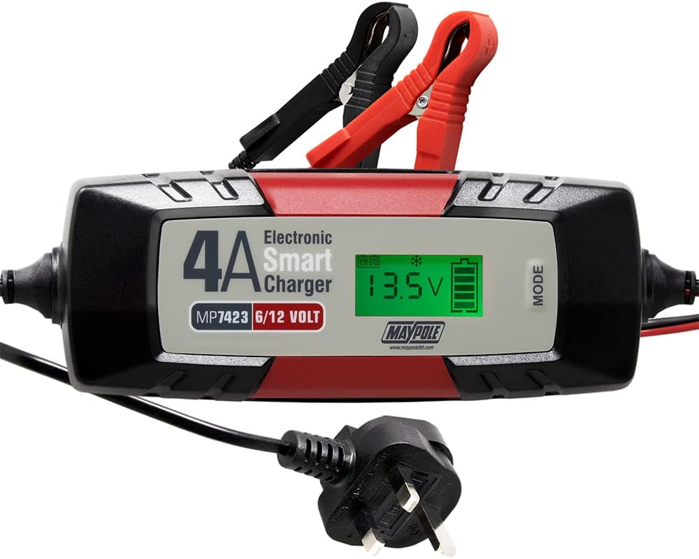 Maypole 4A Dual Voltage 6/12V Electronic Smart Car Battery Charger Fully Automatic 5 Stage Charging Cycle Lead Acid AGM