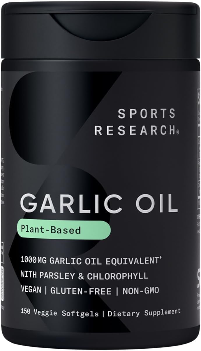 Sports Research Odorless Garlic Oil Pills (1000mg) with Parsley & Chlorophyll | Non-GMO Verified, Vegan Certified & Gluten Free (150 Plant Gels)