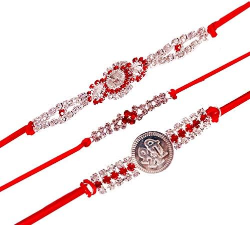 Premium American Diamond with RED Stone Silver Rakhi for Brother and BHABHI | Rakhi for Brother | Rakhi for bhai | Rakhi Set of 3 (Pack of 3)