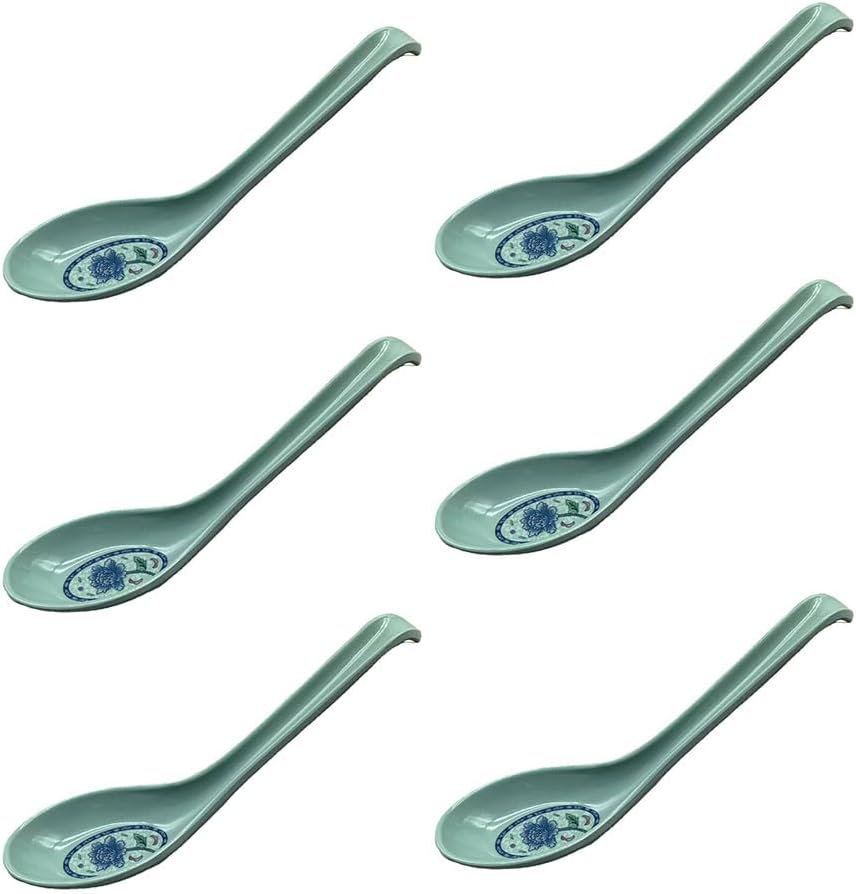 6Pcs Soup Spoon Ramen Noodle Soup Ladle Blue Pattern Soup Spoons Sturdy and Durable Asian Dinner Spoon Easy Clean Dishwasher Safe