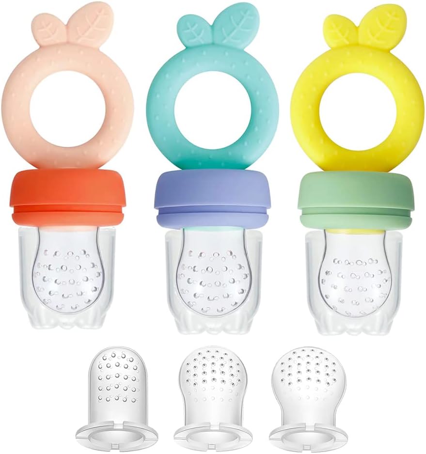 PandaEar Silicone Baby Fruit Feeder Pacifier| Baby Food Dummy Feeder| Teething Weaning Dummies Fruit Teether| 3 Pack Fruit Dummy for Babies 6-12 Months with 3 Sizes Silicone Pouches, BPA Free