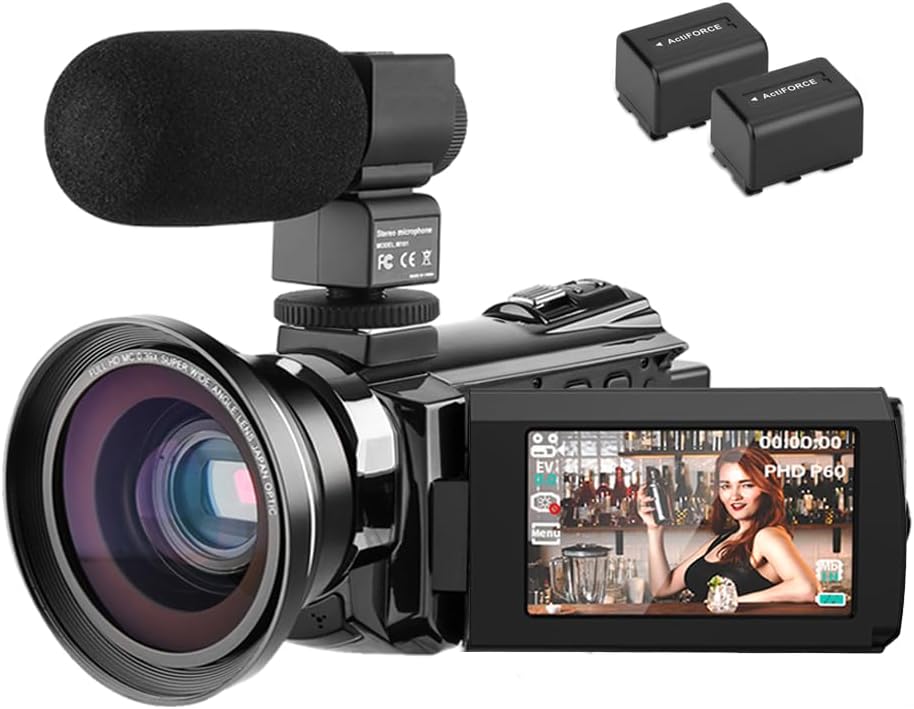 SIXTARY Camcorder 4K WiFi Video Camera 48MP 60FPS 16X Digital Zoom YouTube Vlogging Camera 3.0 inch Touch Screen IR Night Vision with External Microphone Wide Angle Lens 2 Batterie