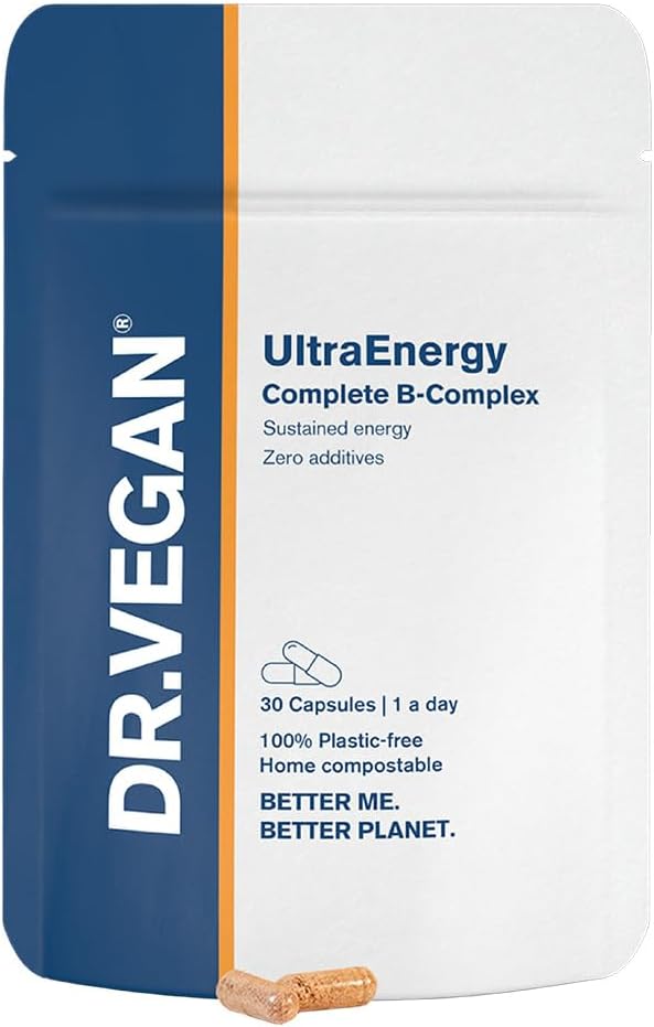 UltraEnergy | High Strength Vitamin B Complex | Includes Vitamin B12 (100ug), Choline (50mg), Biotin (50ug) and Folate (200ug) | 30 Vegan Capsules | One-A-Day | DR.VEGAN