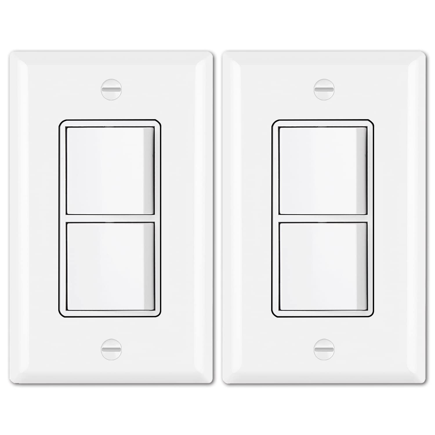 BESTTEN 2 Pack Double Rocker Light Switch, Single Pole Combination Interrupter, 15A 120V, Dual Control Paddle Rockers, in-Wall On/Off Switch, Wall Plate Included, White, UL Listed