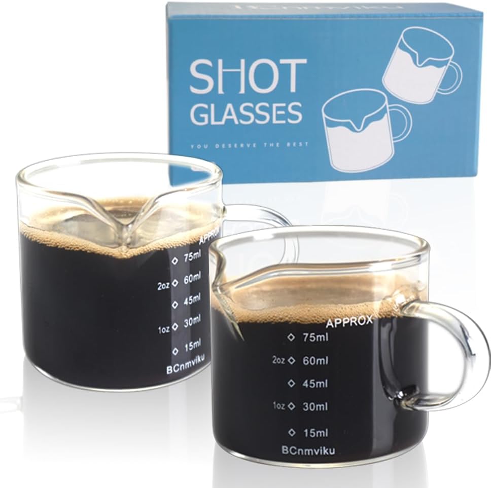 BCnmviku 2 PACK Espresso Glass Measuring Cup Triple Pitcher Milk Cup 75ML Espresso Cups with Handle Espresso Shot Glass with V-Shaped Mouth Clear Glass Espresso Accessories Milk Frothing Pitcher