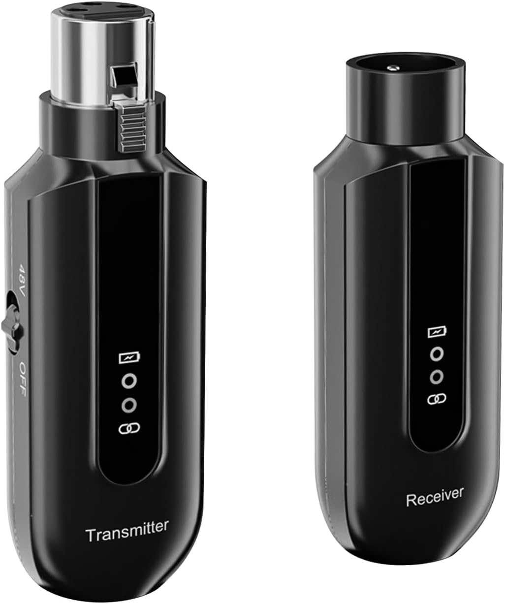 2.4G XLR Wireless Microphone Transmitter Receiver, Wireless Mic Audio System Support 48V Phantom Power USB Charging Microphone Adapter for Public Speaking Singing
