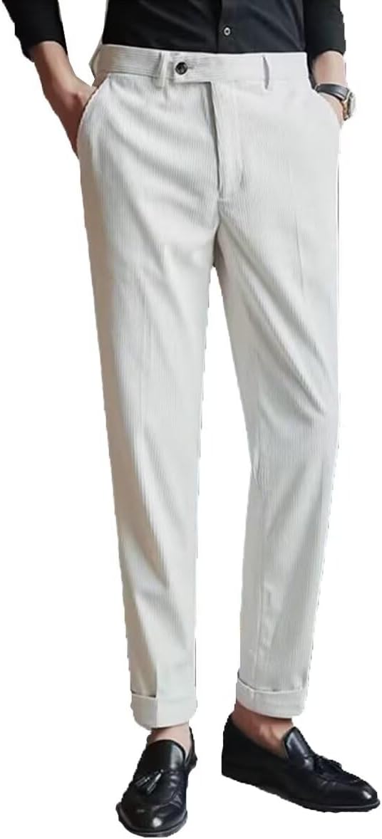 Men’s Corduroy Dress Pants Straight Fit Flat-Front Suit Trouser High Waist Casual Business Suit Pants Long