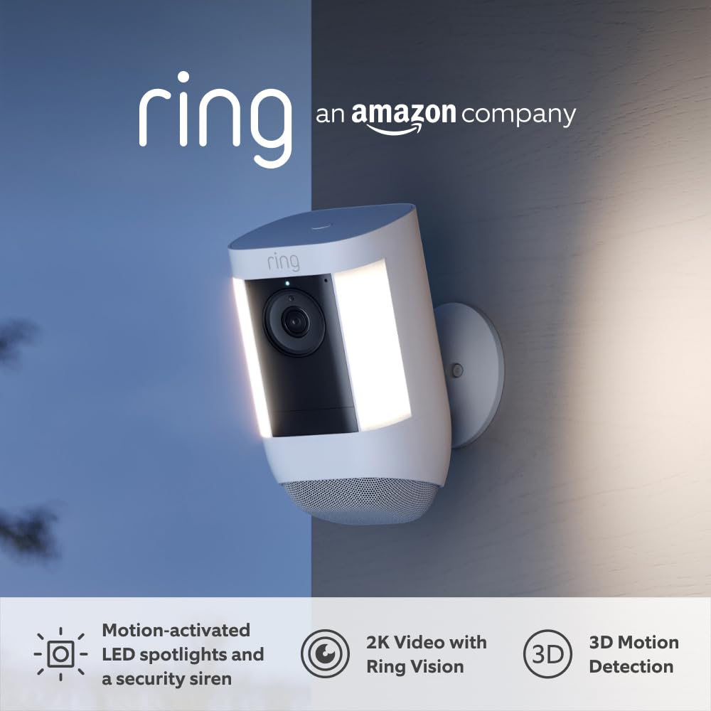 Ring Spotlight Cam Pro Battery | 2K Video with Ring Vision, 3D Motion Detection, Bird's Eye View, LED Spotlights, DIY installation | 30-day free trial of Ring Home