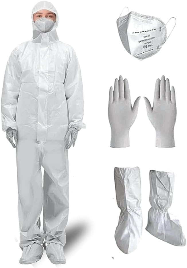 Hazmat Suits, Shoe Covers, Face Mask and A Pair of Nitrile Gloves all Included – 5 sizes Level III, Type A Coveralls