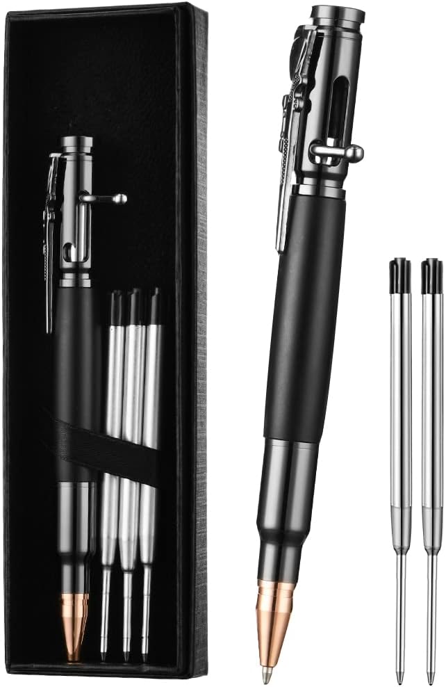 AUAUY Bolt Action Pen with Gift Case, Retractable Lightweight Metal Pen, Ballpoint Pen with 5 Extra Refills, Ink Refillable Office School Gift for Students Dad Colleague Boyfriend Husband (Black)