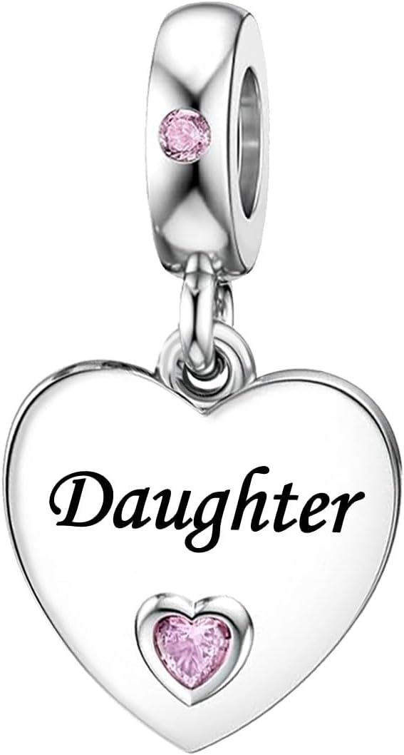 KunBead Pink Heart Love Family Birthday Dangle Charms Compatible with Pandora Charm Bracelet for Auntie Friend Sister Mum Daughter Nana Granddaughter Wife Niece Grandson