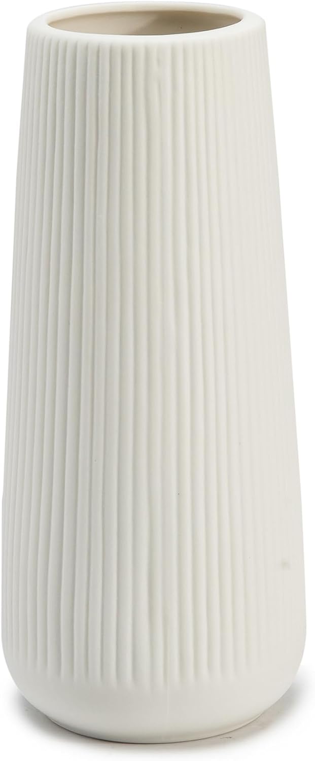 Ceramic Vase for Flowers, 8 Inch White Ribbed Ceramic Vase For Home Decor, Nordic Minimalist Vases for Pampas Grass, Flower Vases for Kitchen, Living Room, Bedroom, Office, Shelf Table Centerpiece